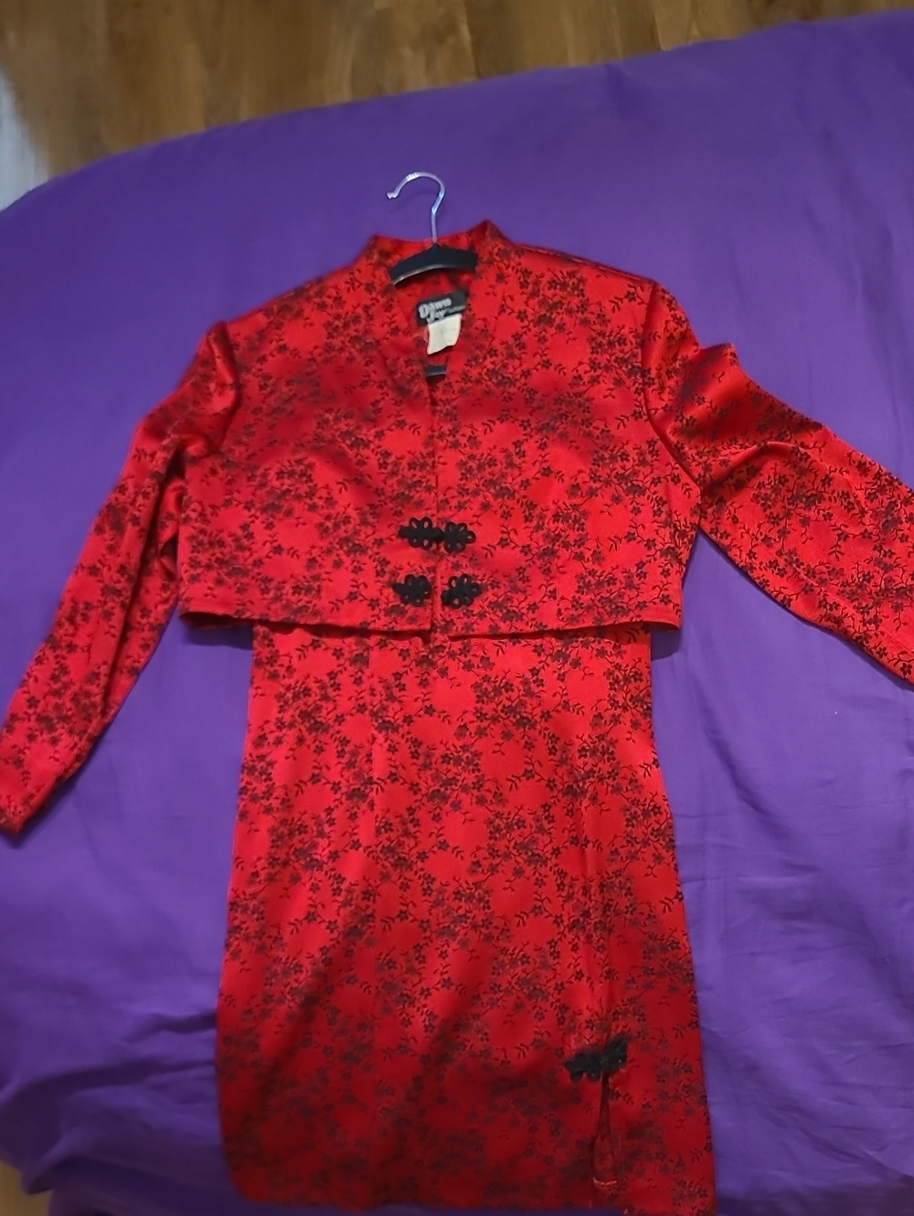 Red Floral Satin Two-Piece Formal Dress with Cropped Jacket